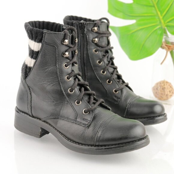 Steve Madden Womens Azure Combat Boot Size 7.5 Black Leather Lace Up Lug Sole - Picture 1 of 12